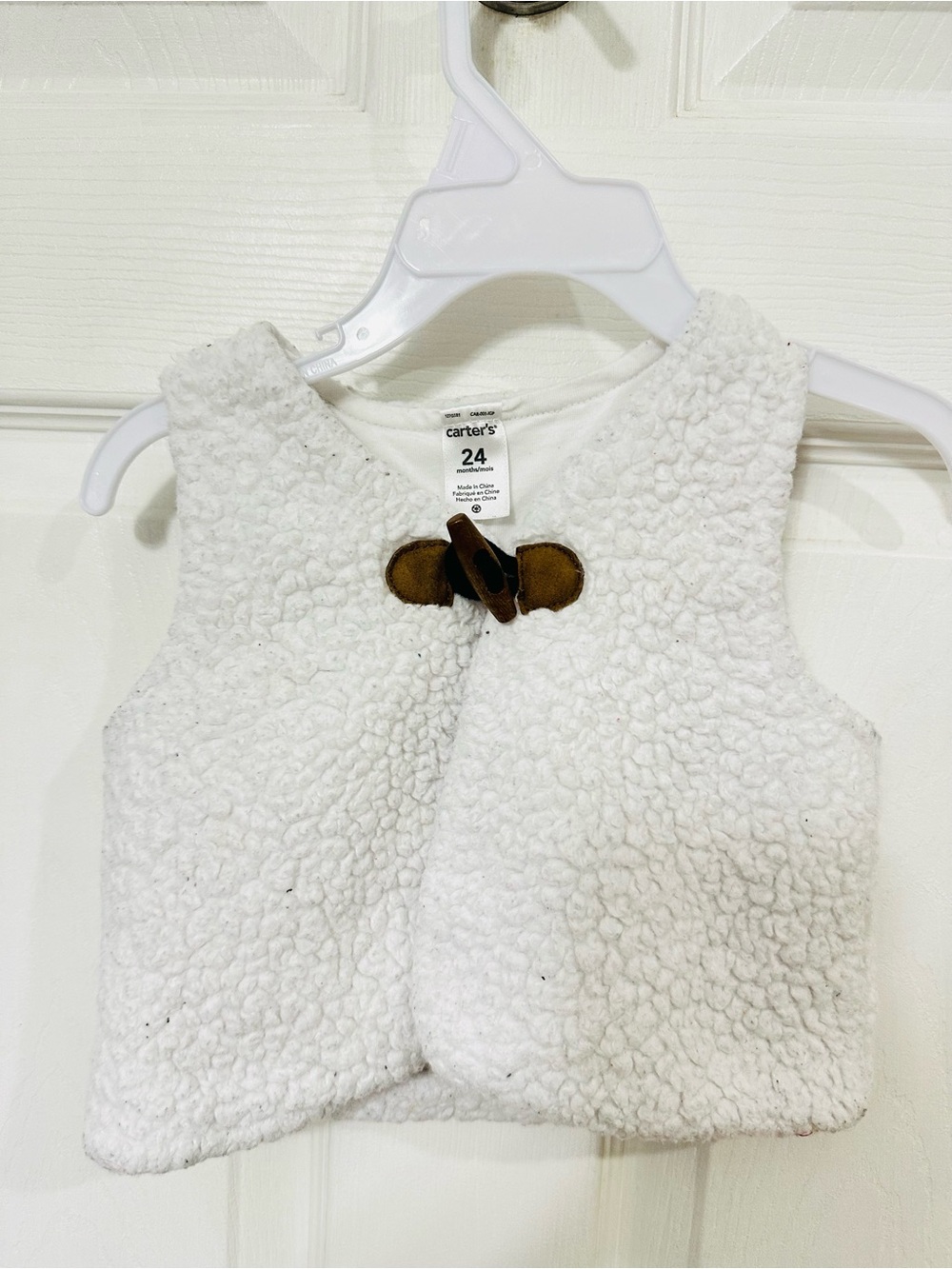 Carter's White Sherpa Infant Vest with Brown Toggle
